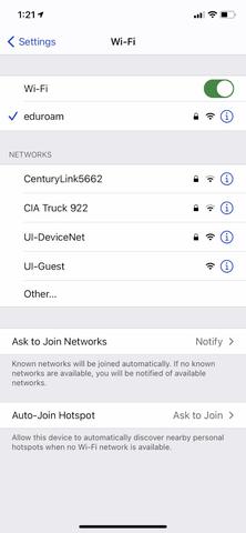Apple iOS Wi-Fi Settings Menu with eduroam listed as a preferred network