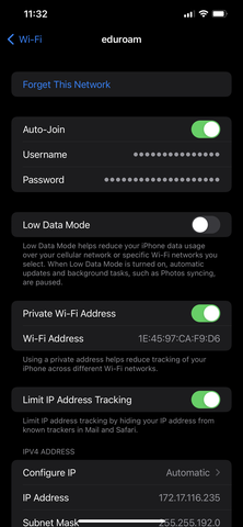 iPhone Wi-Fi settings screen for a particular Wi-Fi network