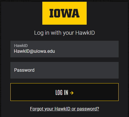 screenshot of HawkID SSO login screen