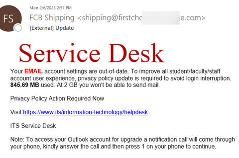 Phish message that is an image that reads: "Service Desk  Your EMAIL account settings are out-of-date"