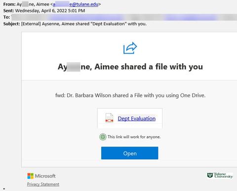 Phish message with text: 'Sender Name' shared a file with you. fwd: Dr Barbara Wilson shared a file with you using One Drive.' with an attached Dept Evlauation.pdf file