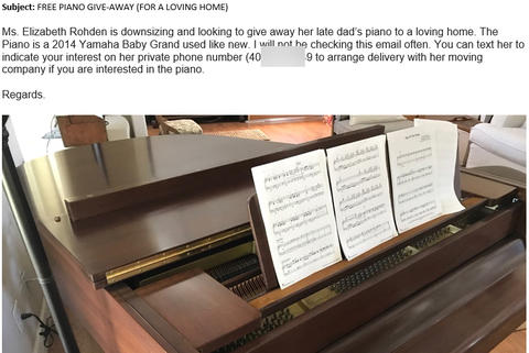 Phish message with text begining with "FREE PIANO GIVE-AWAY (FOR A LOVING HOME)"