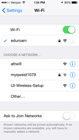 connected to eduroam Wi-Fi settings screenshot