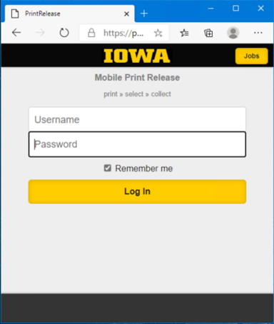 Mobile Print Release Login screen