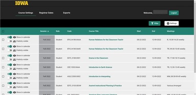 Student courses settings view for calendar combiner