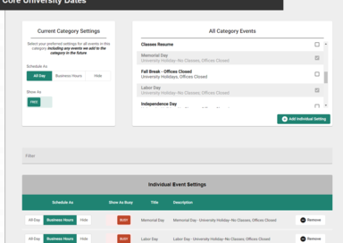 Core University Dates settings page