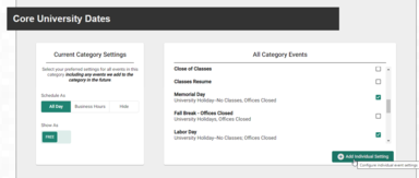 Core University Dates settings page