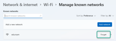 Forget button for eduroam highlighted on right side of row in settings