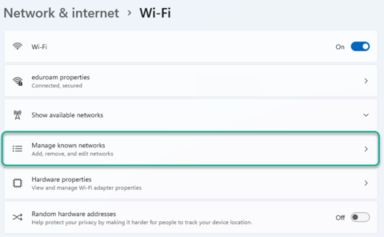 Network & internet settings with Manage known networks highlighted in middle of page