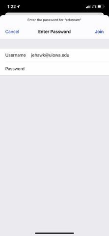 screenshot of iOS wi-fi eduroam example credentials