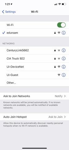 screenshot of iOS wi-fi menu