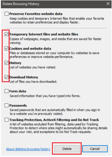 Temporary Internet files and website files, Cookies and website data, History, and Download History all checked in Delete Browsing History menu in Internet Explorer