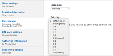 XML sitemap priority options