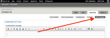 Form settings link on a webform