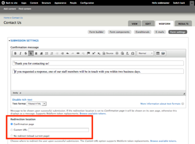 Redirection location field for a webform