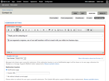 Confirmation message for a webform