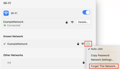 Window with the Wi-Fi settings that shows known networks. ExampleNetwork is connected and the three dots on the right are highlighted. Another pop-up box appears and "Forget This Network..." is highlighted