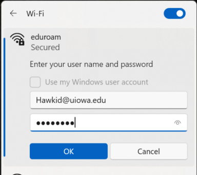 Prompt from wireless settings to sign-in to eduroam using HawkID@uiowa.edu format