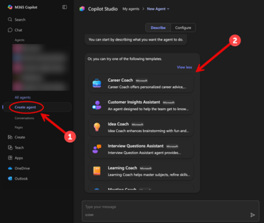 Selecting a template for creating a copilot agent
