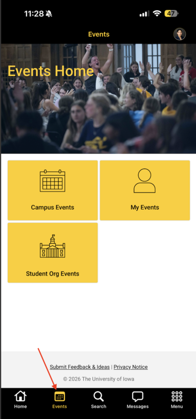 Events option on Docking Bar At the Bottom