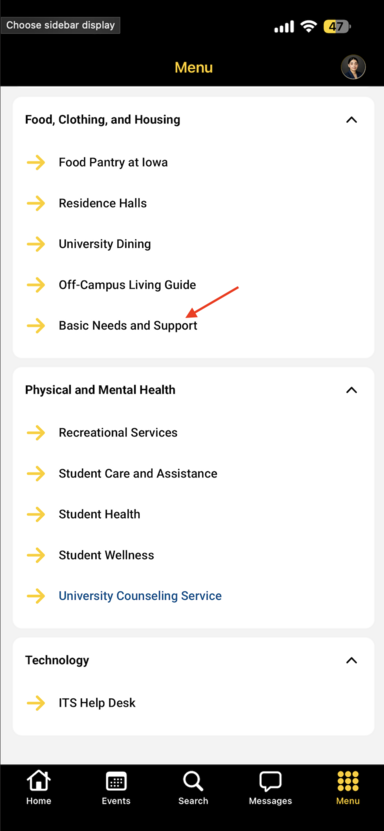 Menu showing Basic Needs Link