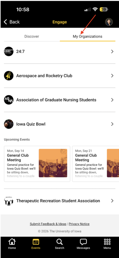 Engage - My Organizations Tab