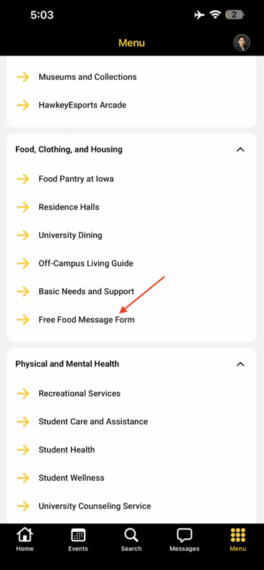 Free Food Message Form Option Showing In Menu
