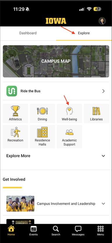 Wellbeing shortcut added under Explore tab