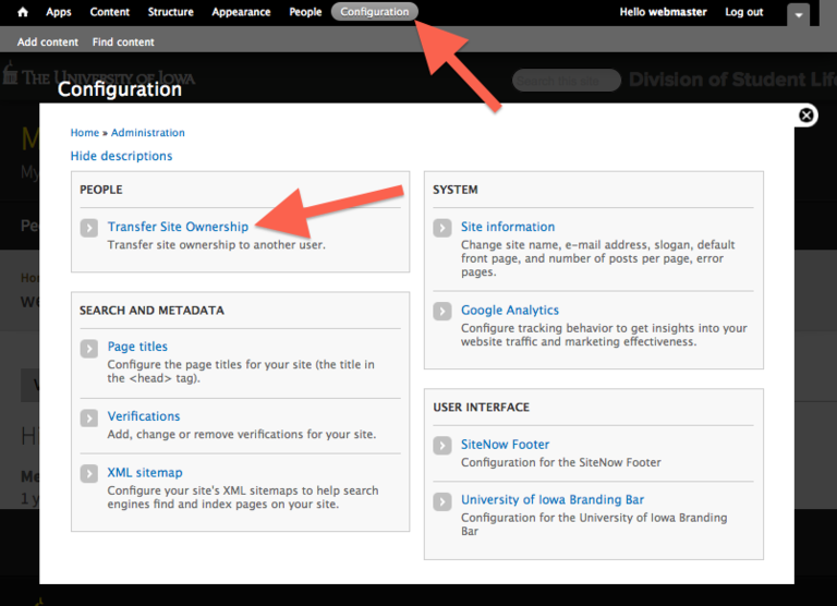 SiteNow Standard configuration page