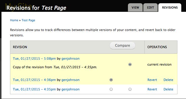 Revision log with a reverted revision