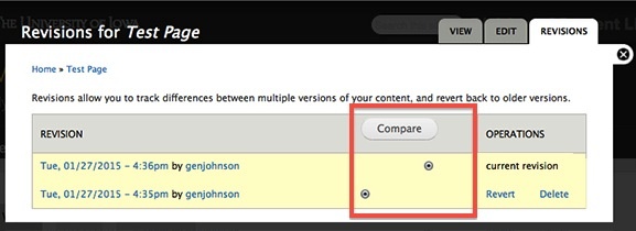 SiteNow Standard - Select revisions to compare