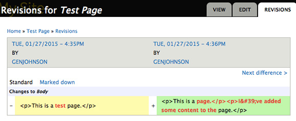 A comparision of two page revisions in Standard mode