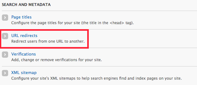 Configuration Search and Metadata section with URL Redirects button