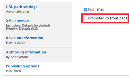 Publishing Options Promote.png The promote to front page button under publishing options