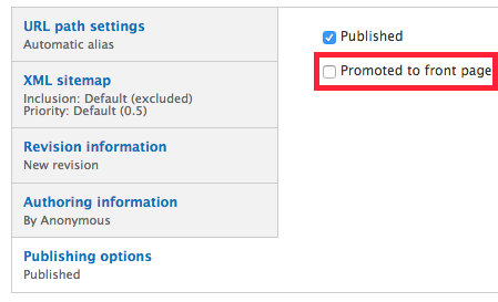 The promote to front page button under publishing options