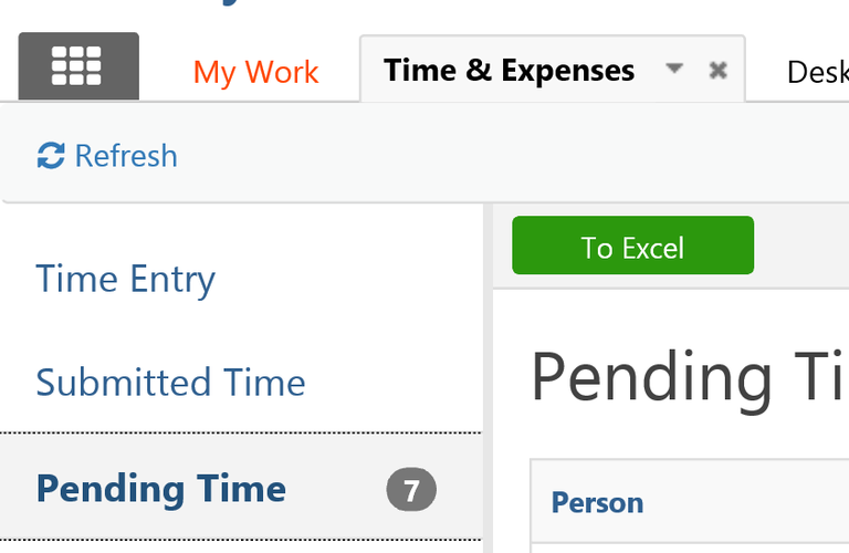 ReviewAndApproveTimeCardsShowingTime&ExpensesAndPendingTime.png Shows where the Time & Expenses tab is and the Pending Time tab
