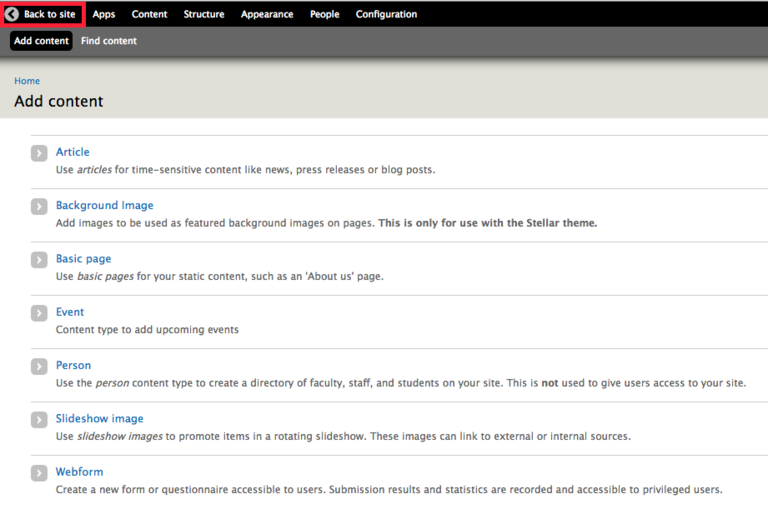 Add content page with back to site button
