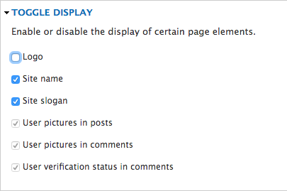 The Toggle Display section under theme settings