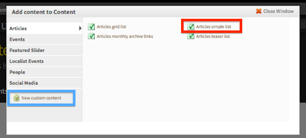 The dialog to select a pane to add to a page with a red rectangle around a pane title and a blue rectangle around the link to add a custom content pane