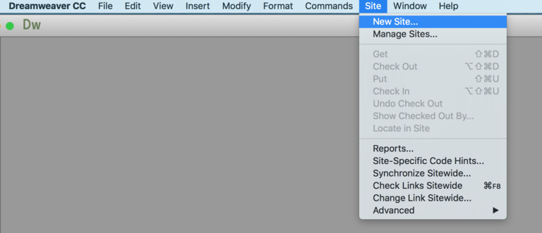 Menu option to create a new site in Dreamweaver