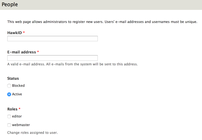 Form used to create a user account