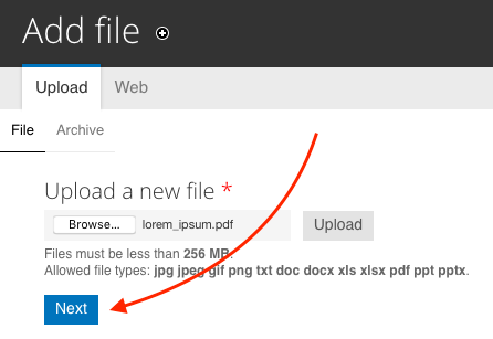 Screenshot 2018-09-18 09.53.43.png Arrow drawing attention to the Next button to upload a new file