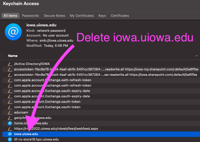 iowa.uiowa.edu network password in Keychain Access