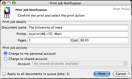 Print Job Notification message. Charge to my personal account bubble filled in. Print button highlighted.