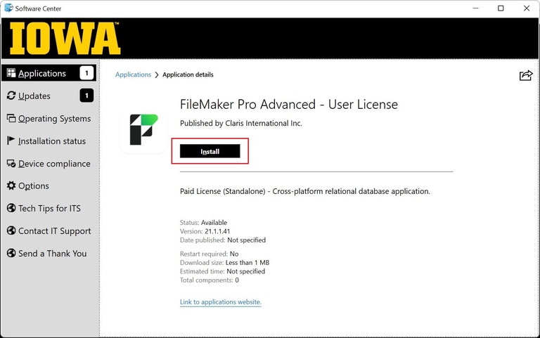 Screenshot of FileMaker Pro Advanced installation button