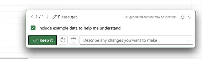Copilot suggestion box after adding data in excel
