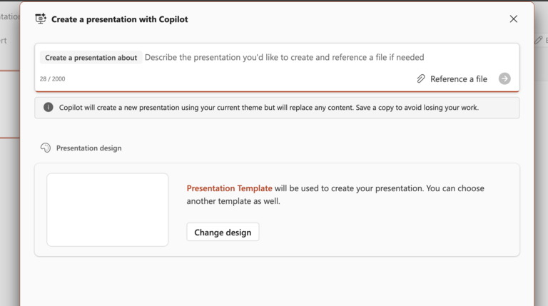 Upon Selecting Replace With a New Presentation Using Copilot