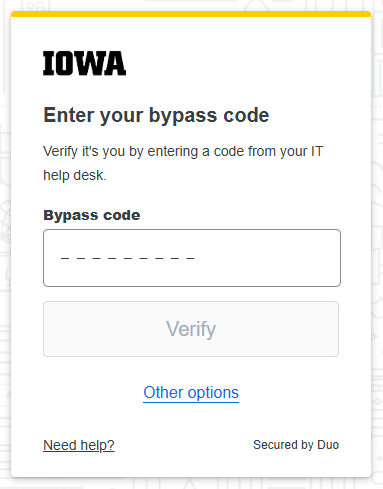 Picture shows the Duo bypass code and a text box to enter the code into