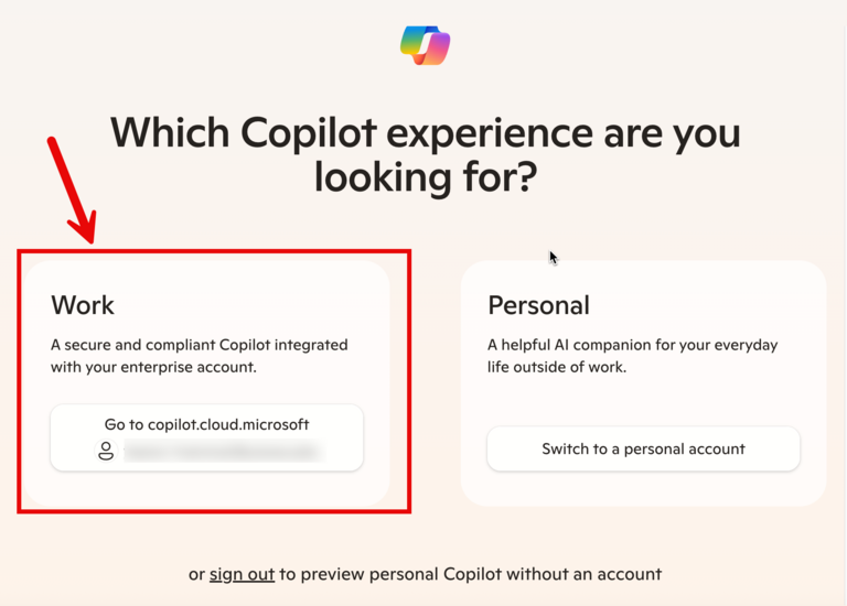 Screenshot of Copilot Chat Sign-in to Work