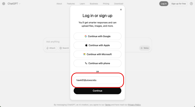 Screenshot of hawkID in ChatGPT Edu login